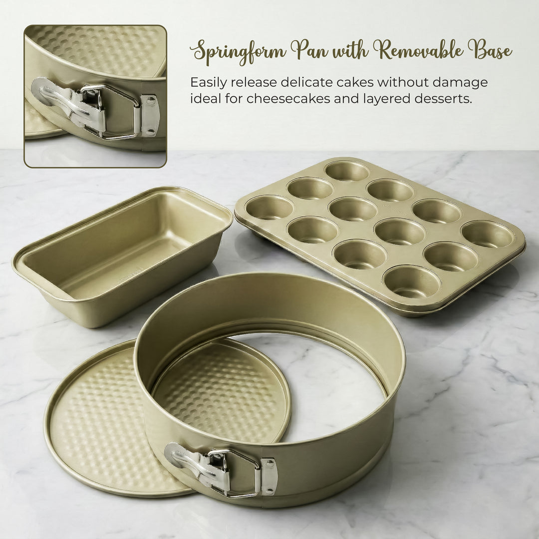 BERGNER 3Pc Non Stick Carbon Steel Greenish Gold Bakeware Set with 12 Cup Muffin Tray Springform Cake Pan and Loaf Pan Oven Safe Baking Tins for Cake Muffin Bread Baking Essentials