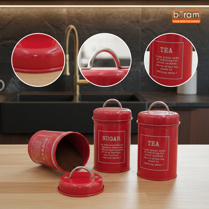 BERAM Metal Tea Coffee Sugar Container Set with Bamboo Lid Airtight Kitchen Storage Jars for Home and Kitchen Tea Box and Coffee Beans Container Set Modern Home Improvement Canisters