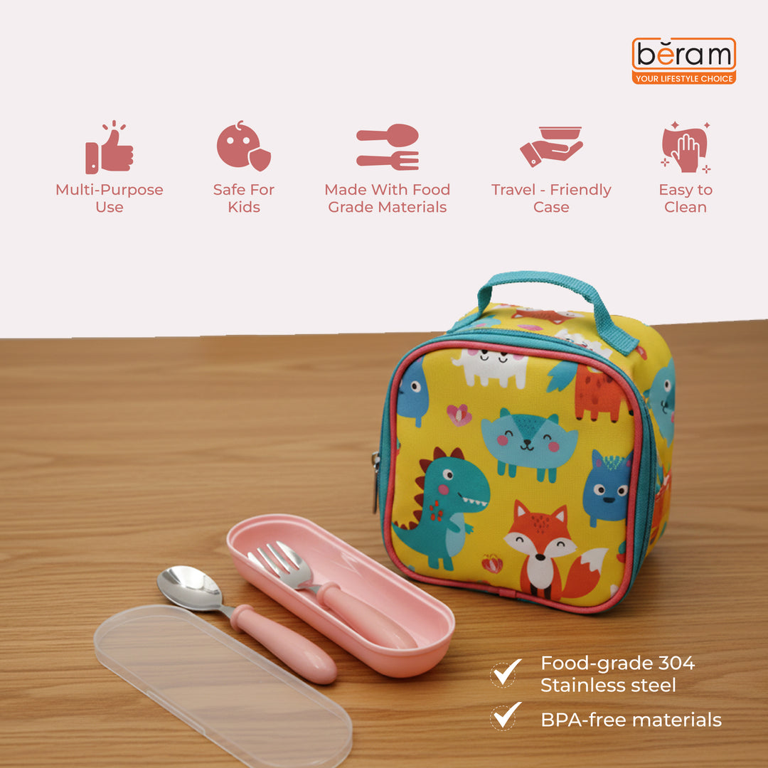 Beram Children Cutlery Set Utensils Set 2 PCS Kids Cutlery Set Baby Spoon Spoon and Fork Portable Tableware with Plastic Case 304 Stainless Steel BPA Free Dishwasher Safe