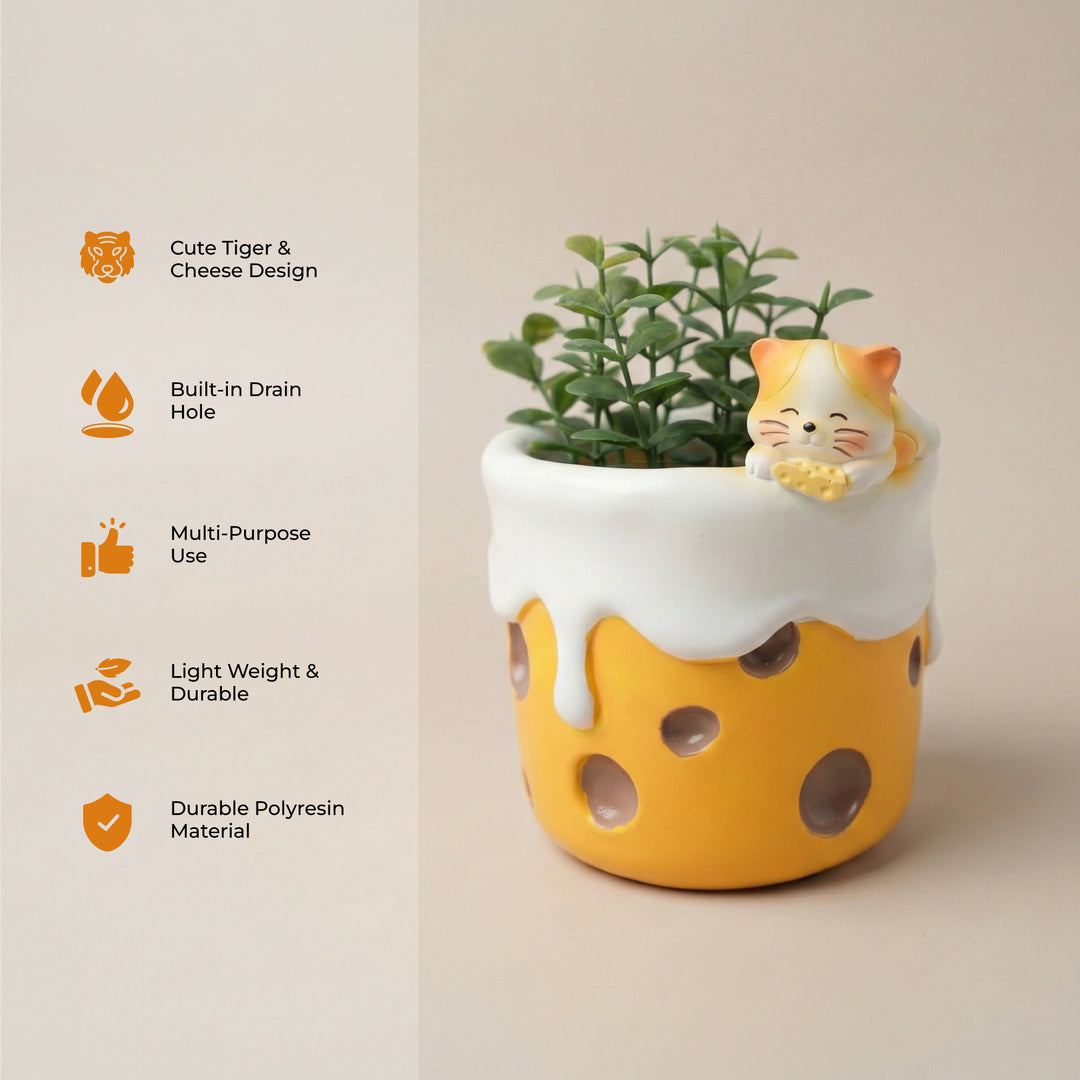 Spring Bunny and Cheese Tiger Planter Set Polyresin Decorative Flower Pots Cute Animal Succulent Holders with Drainage Hole Indoor Outdoor Home Office Desk Decor Pen Pencil Holder Propagator Kit Gift