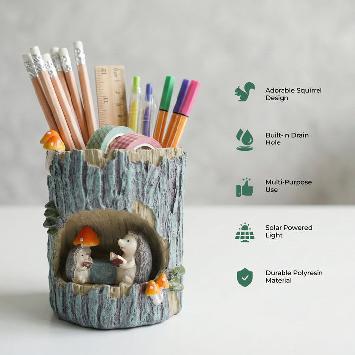 Woodland Animal Planter Set Polyresin Decorative Flower Vase Cute Squirrel Bunny and Bear Succulent Pots Tree Trunk Design Indoor Outdoor Home Garden Decor Pen Pencil Holder Gift Epoxy Coated Finishing