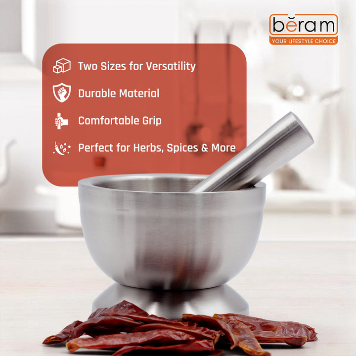 BERAM Pestle and Mortar Set Manual Grinder with Lid Premium Stainless Steel Mixing Bowl for Garlic Spices Herbs Durable Sturdy and Long Lasting with Easy Cleaning