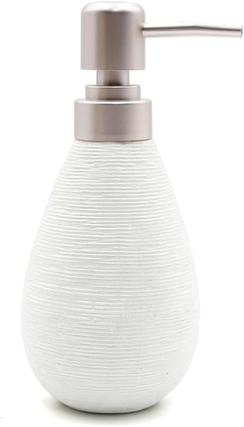 Beram Bathroom Accessory White Stripes Set 5 Piece Ceramic  Natural Textured Design with Soap Dispenser Toothbrush Holder Tumbler Multifunction Holder & Soap Dish (5PCS Set)