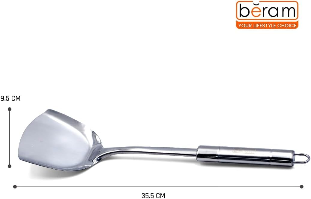 BERAM Stainless Steel Cooking Utensils Set – 6-Piece Kitchen Tool Set with Pasta Server Turner Spatula Skimmer Rice Scoop & Soup Ladle – Durable Matte Silver Cookware Utensils