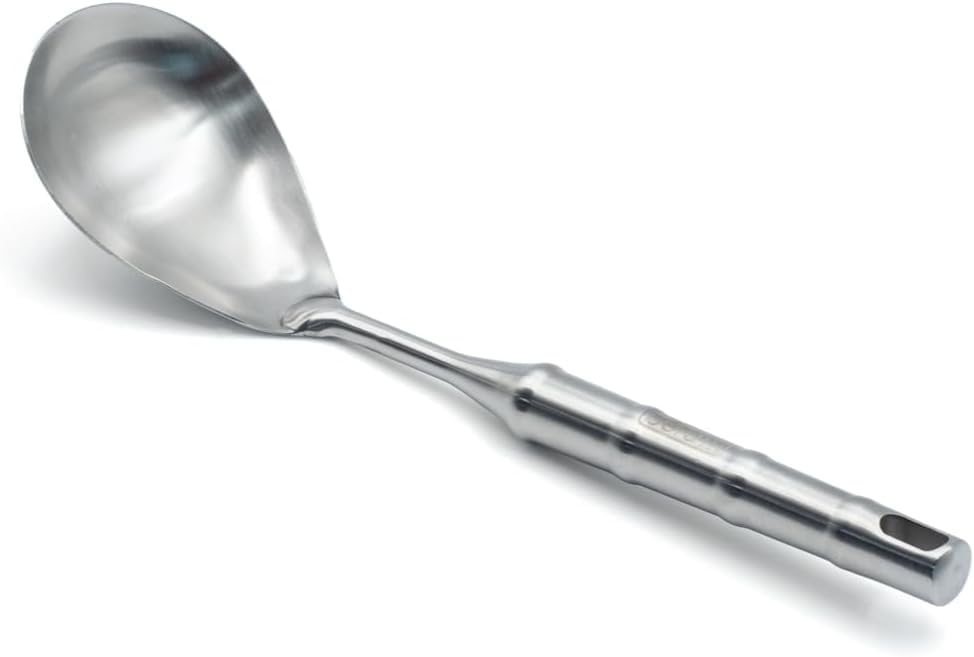 BERAM Cooking Utensils Set 304 Stainless Steel 6 Pieces Soup Spoon Spatula Slotted Turner Rice Scoop Pasta Server Skimmer Food Grade Kitchen Tools with Bamboo Shaped Handles