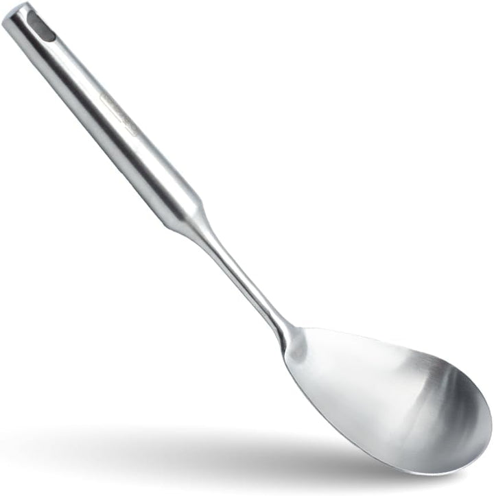 BERAM Stainless Steel Plain Handle Cooking Set, 304 Utensils Set of 6 with Stand – Pasta Server, Rice Scoop, Turner, Spatula, Soup Ladle, Skimmer – Kitchen Tools for Daily Use