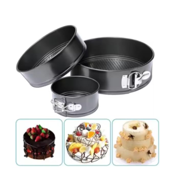 Beram Non Stick Cake Tin Black Round Carbon Steel Baking Pan with Quick Release Latch Removable Leakproof Bottom Heavy Duty Springform Cake Mould for Cheesecake Pastries and Layered Cakes