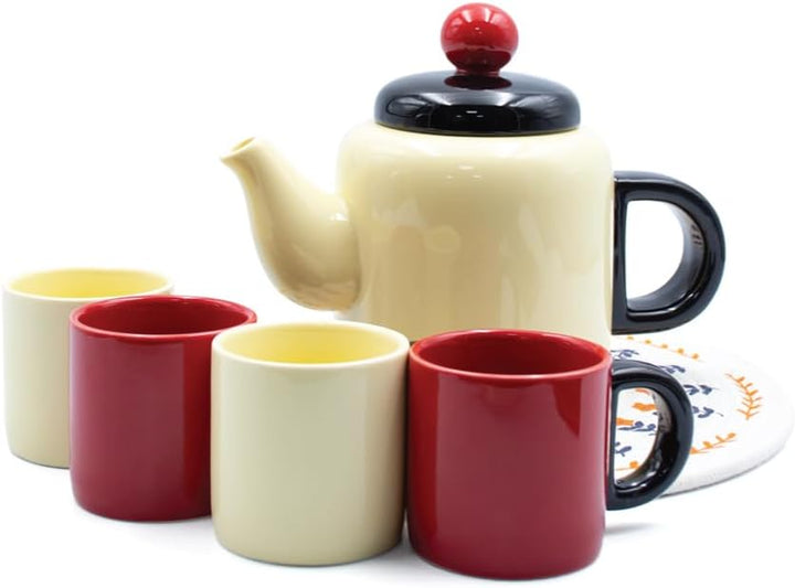 BERAM Ceramic Tea Set 1 Liter Teapot Set With 140 ml 4 Cups One Jar and 1 Lid Set Decorative Tea Set with Gift Packaging Elegant Serveware Tea Party Set Red and White