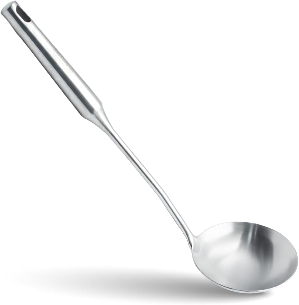 BERAM Stainless Steel Plain Handle Cooking Set, 304 Utensils Set of 6 with Stand – Pasta Server, Rice Scoop, Turner, Spatula, Soup Ladle, Skimmer – Kitchen Tools for Daily Use