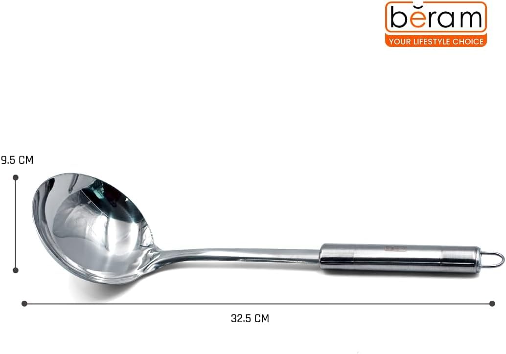 BERAM Stainless Steel Cooking Utensils Set – 6-Piece Kitchen Tool Set with Pasta Server Turner Spatula Skimmer Rice Scoop & Soup Ladle – Durable Matte Silver Cookware Utensils