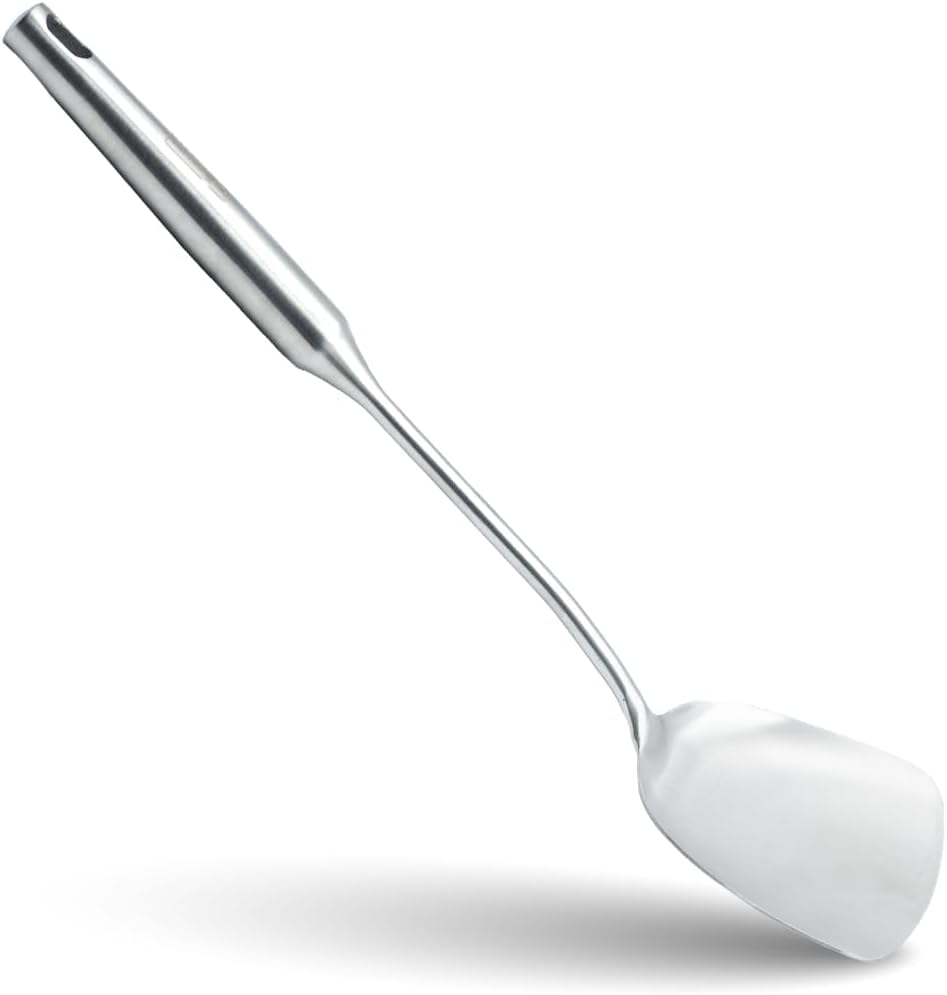 BERAM Stainless Steel Plain Handle Cooking Set, 304 Utensils Set of 6 with Stand – Pasta Server, Rice Scoop, Turner, Spatula, Soup Ladle, Skimmer – Kitchen Tools for Daily Use