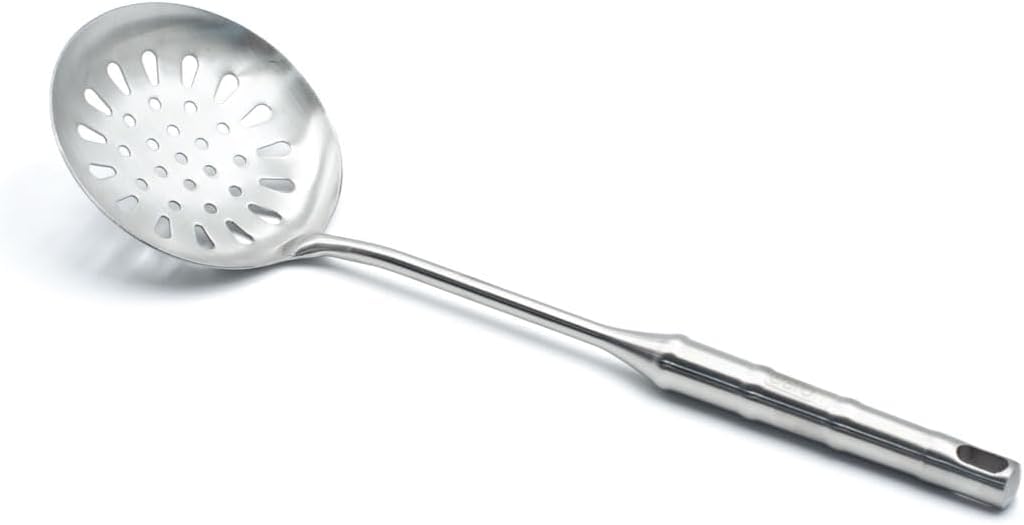 BERAM Cooking Utensils Set 304 Stainless Steel 6 Pieces Soup Spoon Spatula Slotted Turner Rice Scoop Pasta Server Skimmer Food Grade Kitchen Tools with Bamboo Shaped Handles