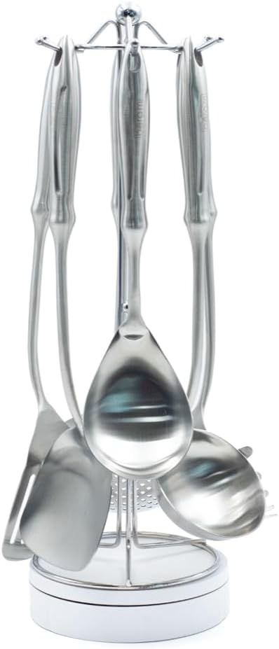 BERAM Honor Cooking Utensils Set, 304 Stainless Steel, 6 Pieces, Soup Spoon, Spatula, Slotted Turner, Rice Scoop, Pasta Server, Skimmer, Food Grade, Kitchen Tools