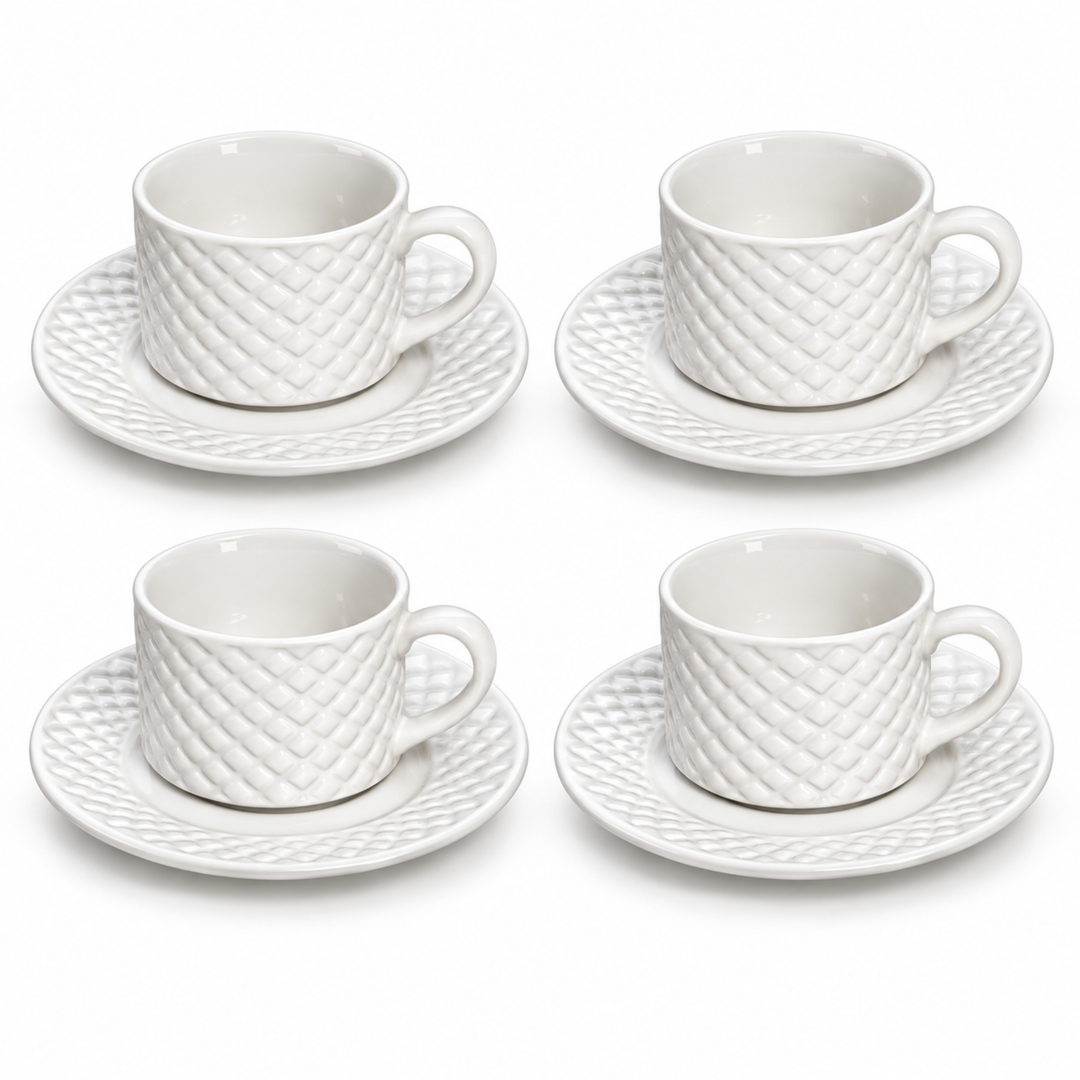 4-Piece White Ceramic Cup and Saucer Set, 390ml Coffee Tea Cups with Diamond Texture & Comfortable Handle, Elegant Drinkware for Home & Office