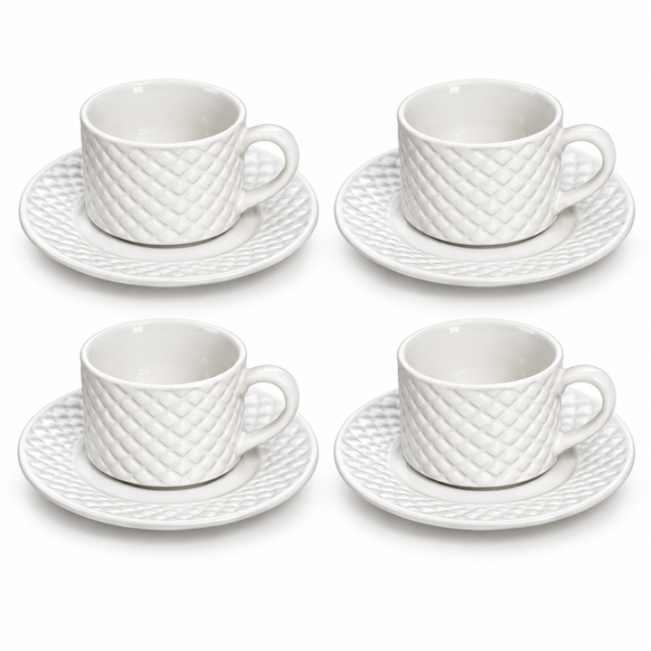 4-Piece White Ceramic Cup and Saucer Set, 390ml Coffee Tea Cups with Diamond Texture & Comfortable Handle, Elegant Drinkware for Home & Office
