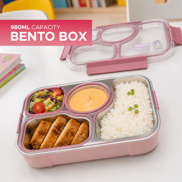 Beram Premium 304 Stainless Steel Bento Lunch Box Silicone & PP Leakproof 4-Compartment Lunch Box for School & Office Eco-Friendly Steel Tiffin Box for Kids & Adults Food Storage Meal Prep Container
