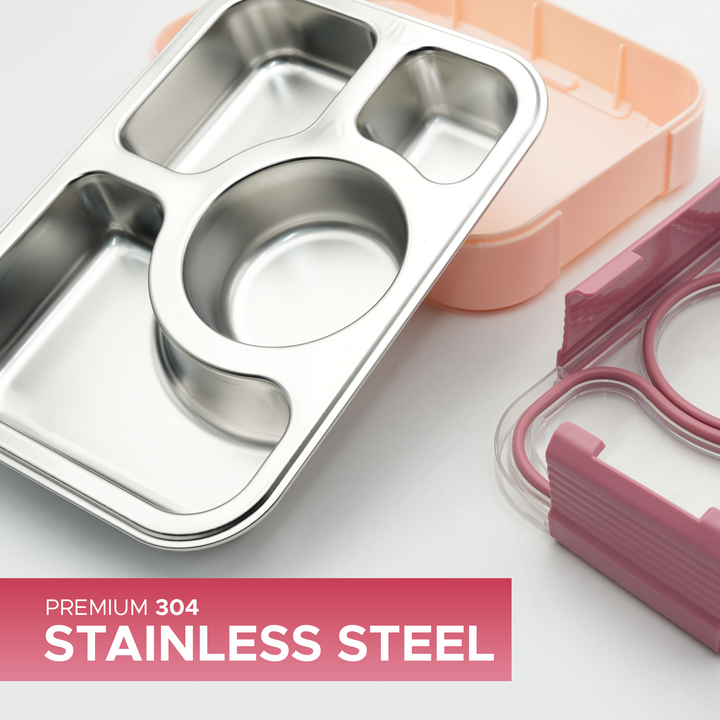 Beram Premium 304 Stainless Steel Bento Lunch Box Silicone & PP Leakproof 4-Compartment Lunch Box for School & Office Eco-Friendly Steel Tiffin Box for Kids & Adults Food Storage Meal Prep Container