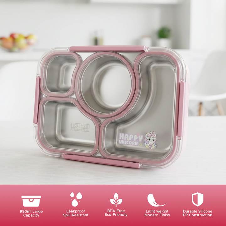 Beram Premium 304 Stainless Steel Bento Lunch Box Silicone & PP Leakproof 4-Compartment Lunch Box for School & Office Eco-Friendly Steel Tiffin Box for Kids & Adults Food Storage Meal Prep Container