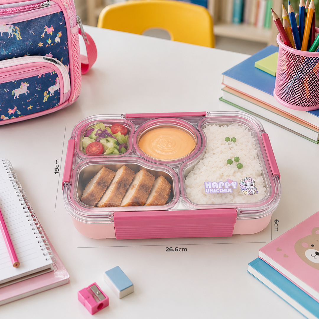 Beram Premium 304 Stainless Steel Bento Lunch Box Silicone & PP Leakproof 4-Compartment Lunch Box for School & Office Eco-Friendly Steel Tiffin Box for Kids & Adults Food Storage Meal Prep Container