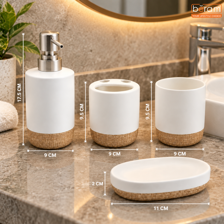 Beram Dispenser Plain Stripes 4 Piece Ceramic Bathroom & Kitchen Accessory Set Rustic Matte Finish with Soap Dispenser Tumbler Toothbrush Holder & Soap Dish Handmade (White and Brown) (4PCS Set)