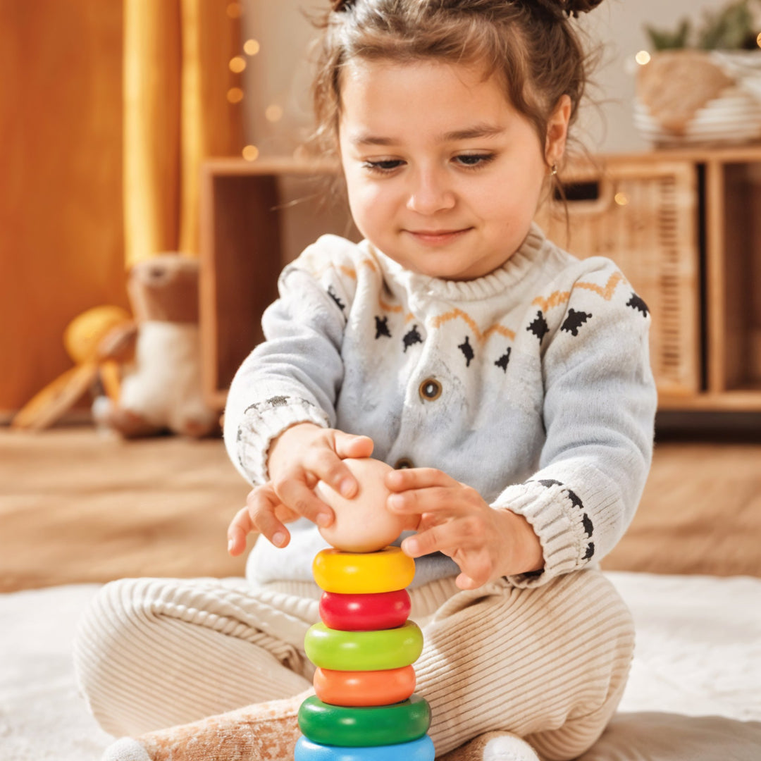 Playtive Wooden Stacking Tower for Toddlers – 9 Piece Educational Toy for Ages 1+, Promotes Color Recognition, Dexterity, Logical Thinking, and Counting – Durable, Safe, Natural Wood Construction – TÜV Rheinland Certified – 3-Year Warranty