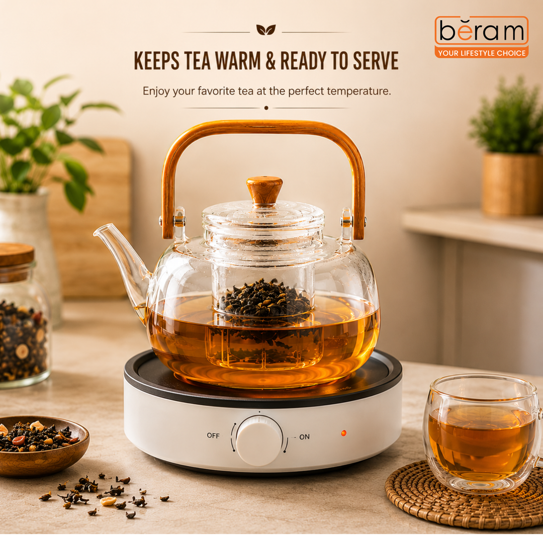 BERAM Glass Teapot with Removable Stainless Steel Infuser,900ml Borosilicate Clear Tea Kettle with Top Handle, Stovetop Safe Handcrafted Loose Leaf Tea Maker & Tea Brewer