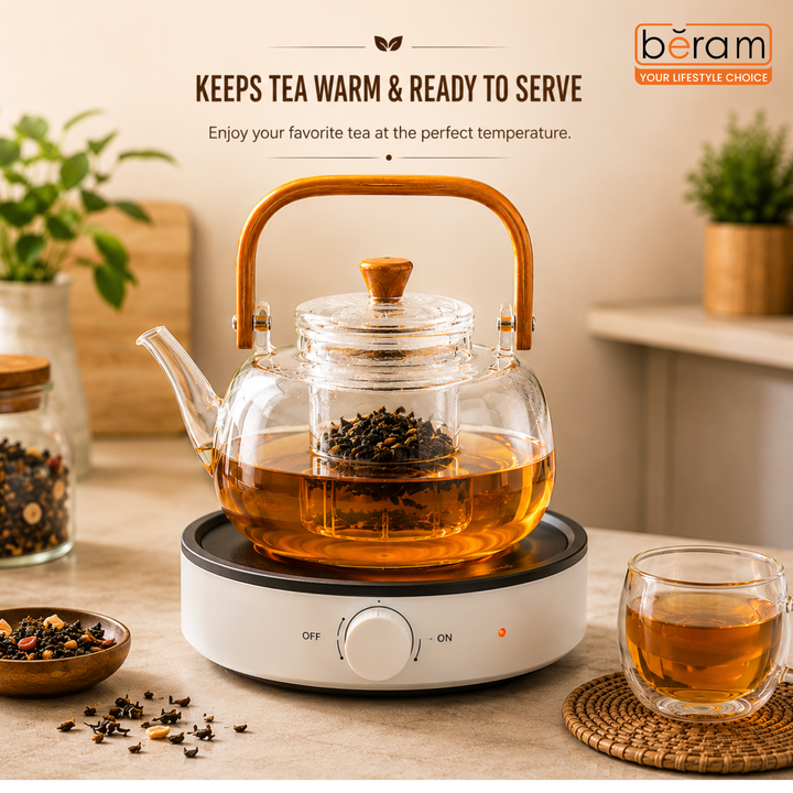 BERAM Glass Teapot with Removable Stainless Steel Infuser,900ml Borosilicate Clear Tea Kettle with Top Handle, Stovetop Safe Handcrafted Loose Leaf Tea Maker & Tea Brewer