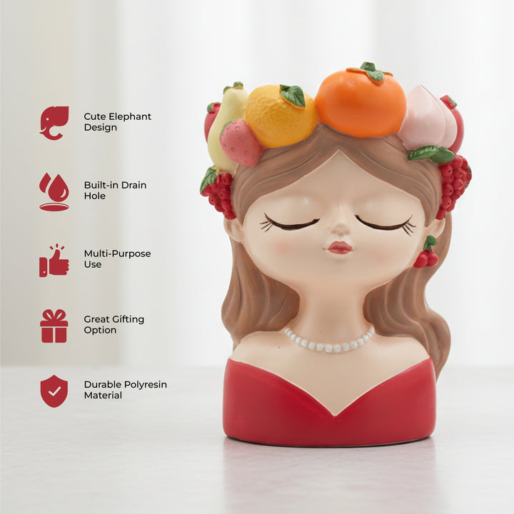 Fancy Girl with Fruit Crown Flower Pot 4 Pcs Set Red Green Pink Yellow Polyresin Decorative Planters for Succulents Indoor Outdoor Home Office Desk Décor Pen Pencil Holder Propagator Kit