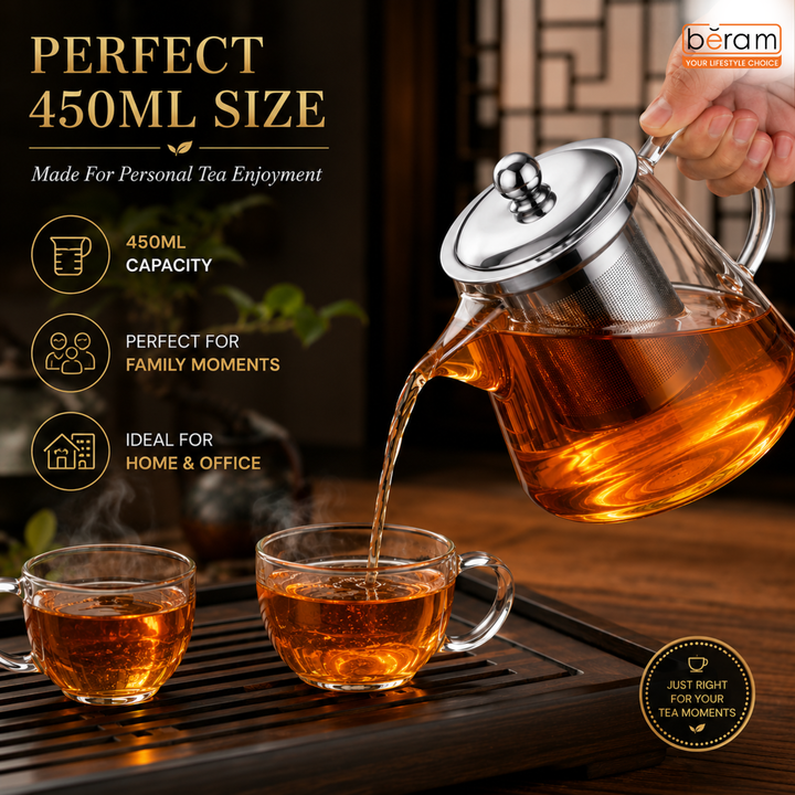BERAM Glass Teapot with Removable 18/8 Stainless Steel Infuser – 450ml Flat Base Borosilicate Glass Tea Kettle, Stovetop Safe, Handcrafted Loose Leaf Tea Maker for Home or Office