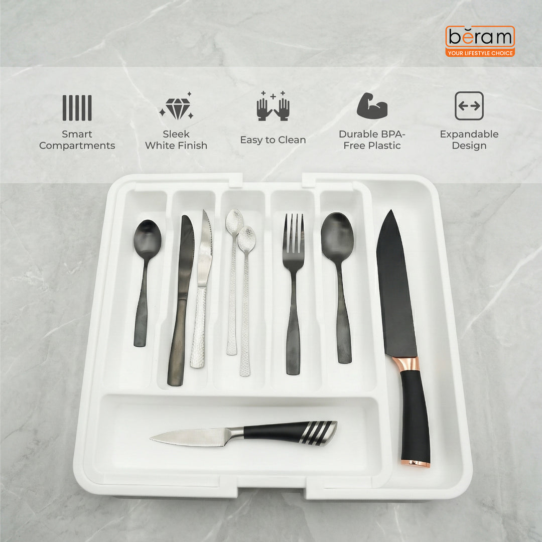 Beram Expandable Kitchen Drawer Organizer Tray – 33×37.5×5 cm BPA-Free PP Cutlery Holder for Spoons Forks Knives & Utensils Adjustable Silverware Divider Storage Box for Kitchen Drawers