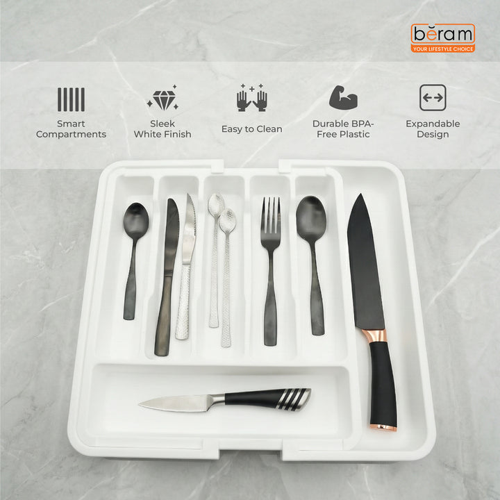 Beram Expandable Kitchen Drawer Organizer Tray – 33×37.5×5 cm BPA-Free PP Cutlery Holder for Spoons Forks Knives & Utensils Adjustable Silverware Divider Storage Box for Kitchen Drawers