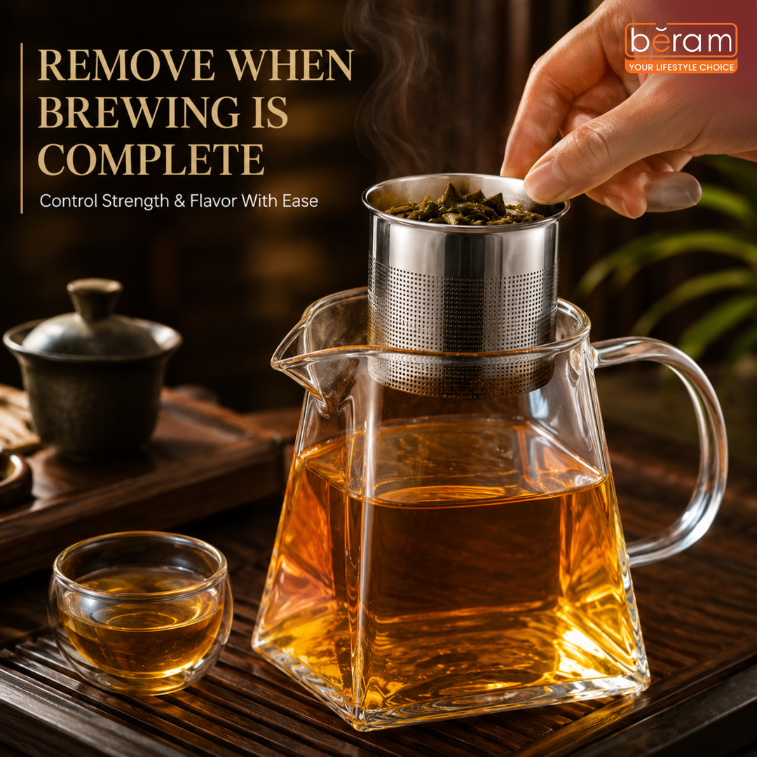 BERAM Glass Teapot with Removable 18/8 Stainless Steel Infuser – 350ml Square Base Borosilicate Glass Tea Kettle, Stovetop Safe, Handcrafted Loose Leaf Tea Maker for Home or Office