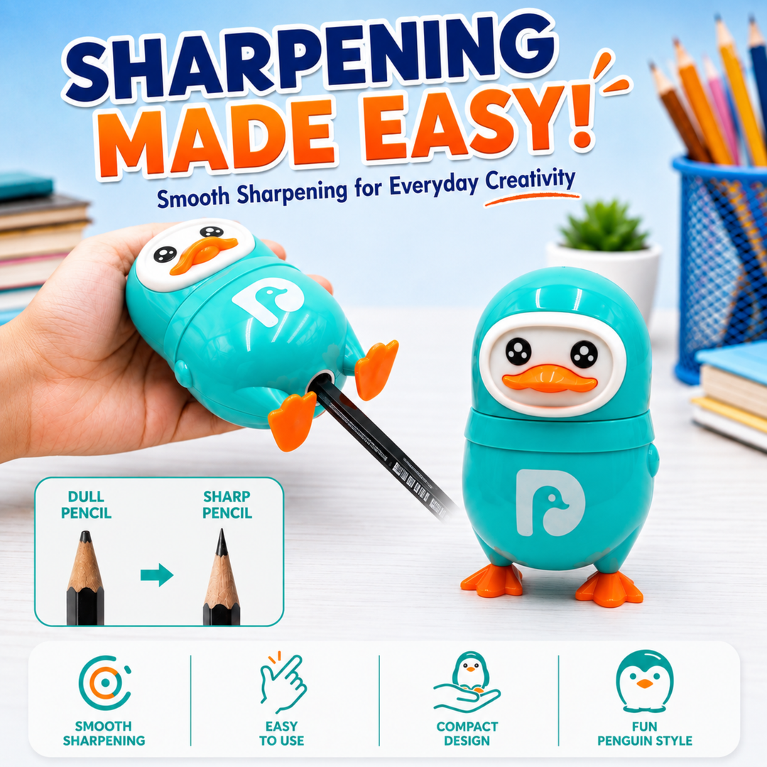Penguin Pencil Sharpener with Eraser, 2-in-1 Cute Penguin-Shaped Pencil Sharpener, Built-In Pencil Shavings Container, Compact Stationery Sharpener for Students, School, Office & Drawing