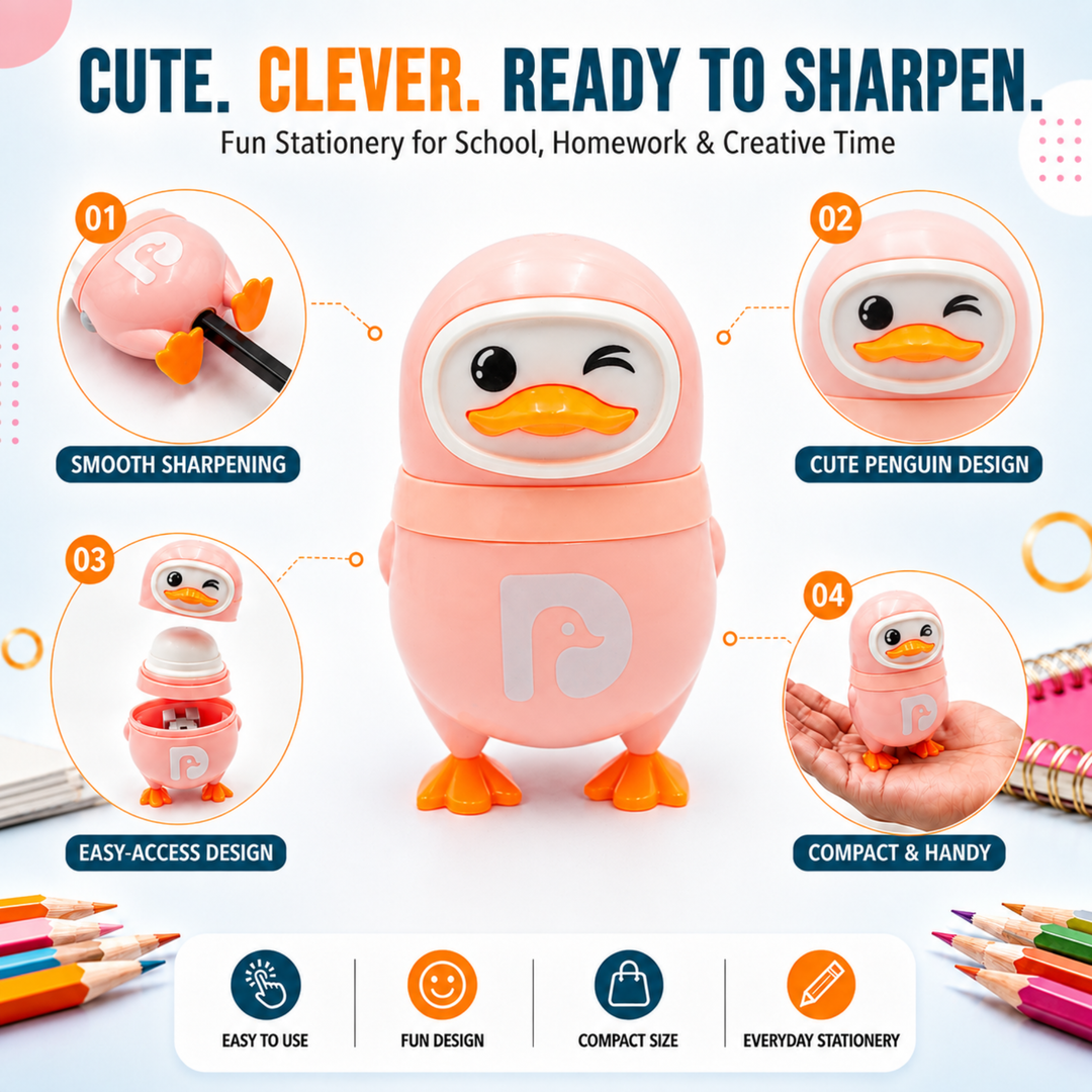 Penguin Pencil Sharpener with Eraser, 2-in-1 Cute Penguin-Shaped Pencil Sharpener, Built-In Pencil Shavings Container, Compact Stationery Sharpener for Students, School, Office & Drawing