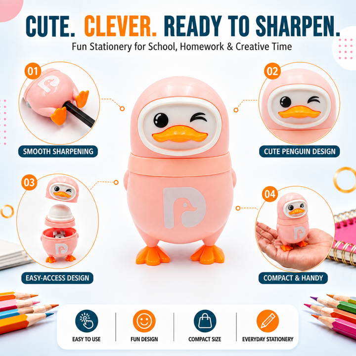 Penguin Pencil Sharpener with Eraser, 2-in-1 Cute Penguin-Shaped Pencil Sharpener, Built-In Pencil Shavings Container, Compact Stationery Sharpener for Students, School, Office & Drawing