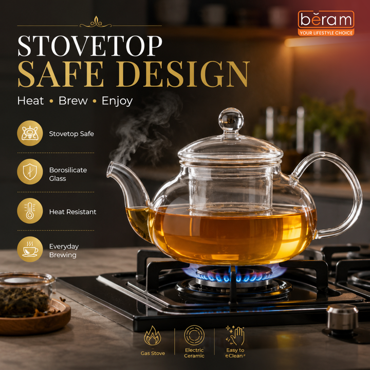 BERAM Glass Teapot with Removable 18/8 Stainless Steel Infuser, Bulge Lid 600ml, Borosilicate Clear Tea Kettle, Stovetop Safe, Hand Crafted Tea Kettle for Home, Loose Leaf Tea Maker, Tea Brewer