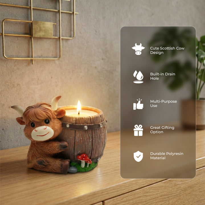 Scottish Highland Candle Cow-Barrel Flower Pot Polyresin Cute Cow Succulent Planter Decorative Mini Barrel Vase Indoor Outdoor Garden Desk Home Office Decor Pen Pencil Holder Propagator Kit