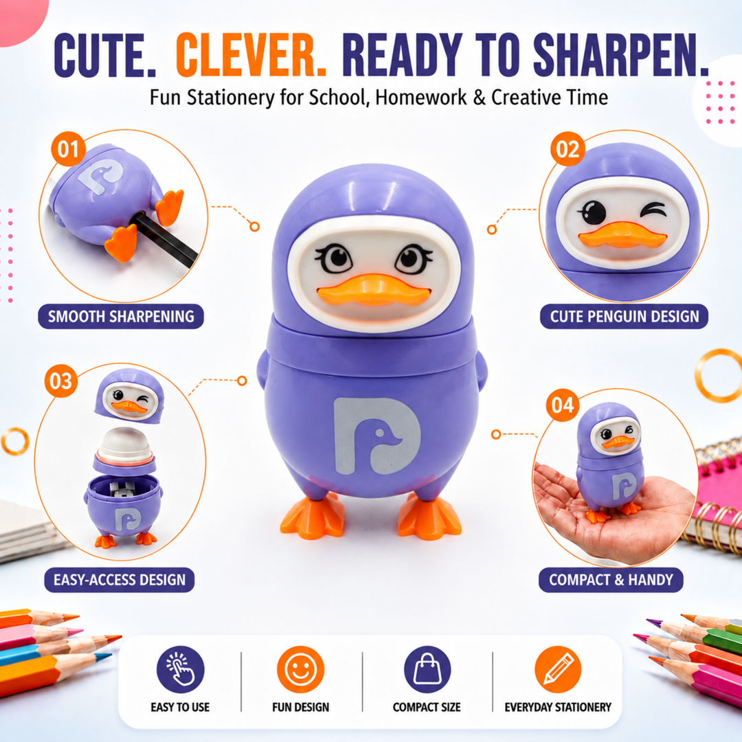 Penguin Pencil Sharpener with Eraser, 2-in-1 Cute Penguin-Shaped Pencil Sharpener, Built-In Pencil Shavings Container, Compact Stationery Sharpener for Students, School, Office & Drawing