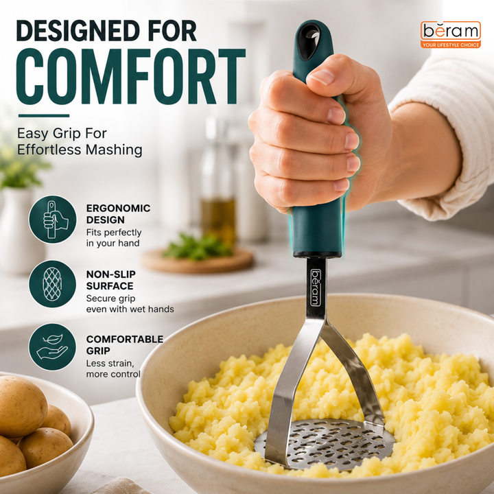 BERAM Potato Masher, Ricer for Vegetables, Stainless Steel with Comfortable Handle, Lump Free Tool, Perfect For Mashing Potatoes, Apples, Beans, Peas, and More, Heavy Duty Kitchen Tool