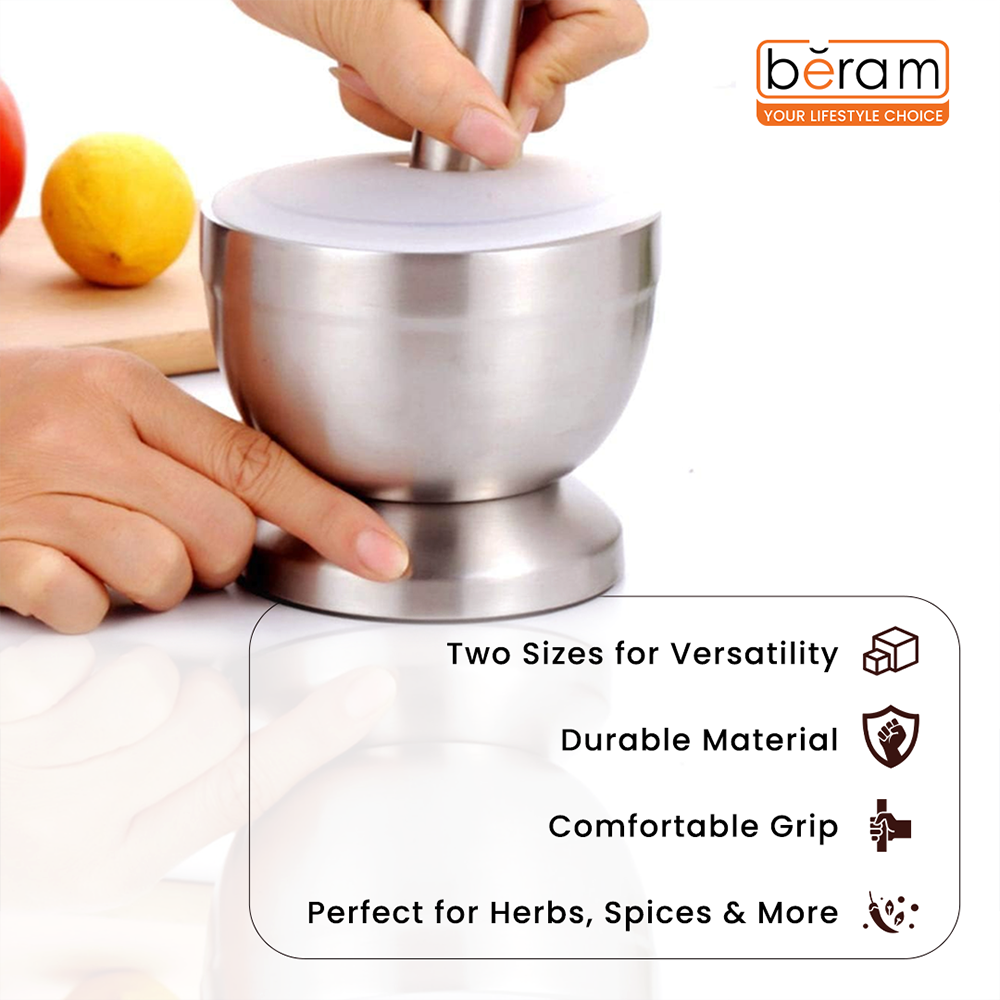 BERAM Pestle and Mortar Set Manual Grinder with Lid Premium Stainless Steel Mixing Bowl for Garlic Spices Herbs Durable Sturdy and Long Lasting with Easy Cleaning