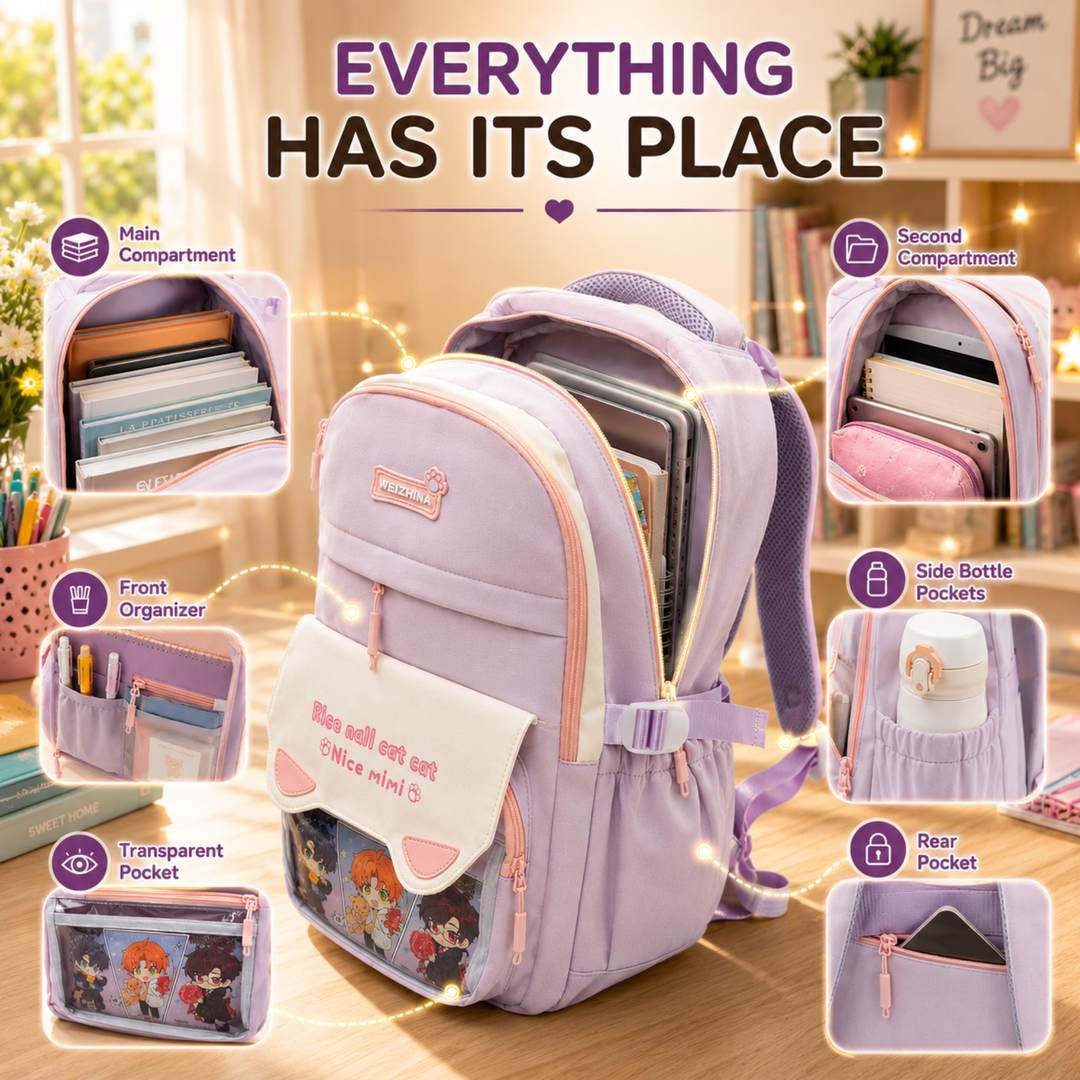 Mimi Meow School Backpack, Cute Cat Water-Resistant Student Backpack with Front Pocket, Lightweight Large Capacity School Bag with Side Bottle Pockets for School & Travel