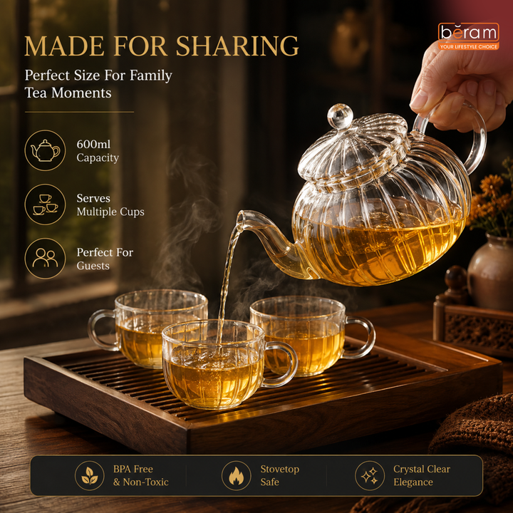BERAM Glass Teapot with Removable Glass Infuser, 600ml Full Glass Borosilicate Tea Kettle, Handcrafted Clear Teapot, Stovetop Safe Loose Leaf Tea Maker & Blooming Tea Brewer
