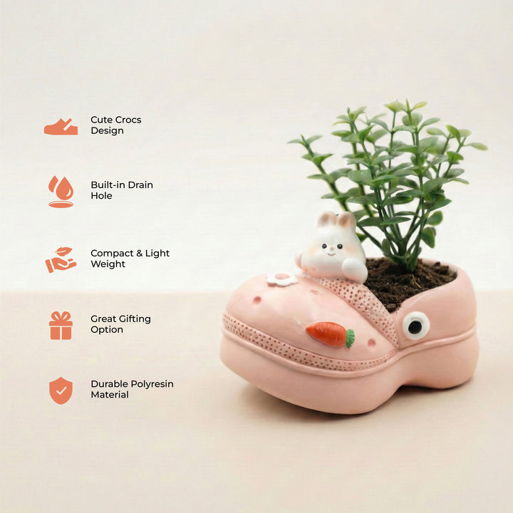 Crocs Shape Animal Flower Pot Set Pink Bunny and Green Panda Polyresin Cute Succulent Planters with Drainage Hole Indoor Outdoor Decorative Flower Pots Home Office Desk Decor Pen Pencil Holder Gift