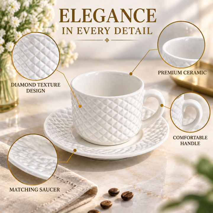 4-Piece White Ceramic Cup and Saucer Set, 390ml Coffee Tea Cups with Diamond Texture & Comfortable Handle, Elegant Drinkware for Home & Office