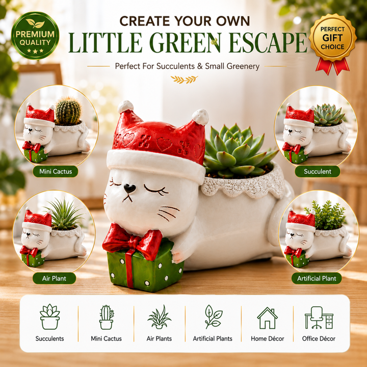 Animal Christmas Flower Pot 4 Pcs Set Rabbit Cat Porcupine Elephant Polyresin Succulent Planter Festive Mini Vase with Santa Hat Gift Box Design Indoor Outdoor Home Office Desk Decor Gift
