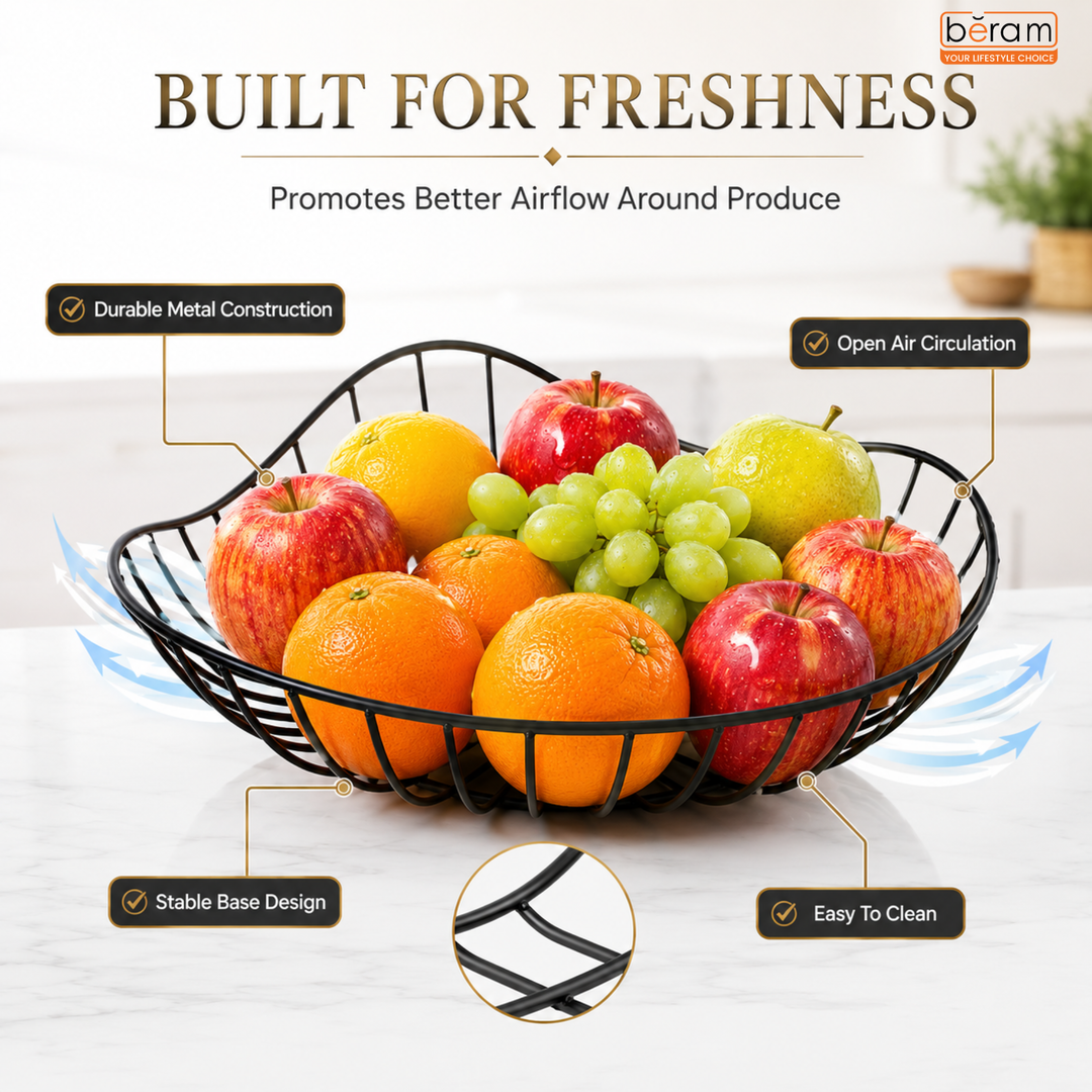 Beram Fruit Basket for Kitchen Counter Metal Wire Fruit Bowl & Vegetable Storage Organizer Rustic Countertop Fruit Holder with Handle for Kitchen, Dining & Pantry