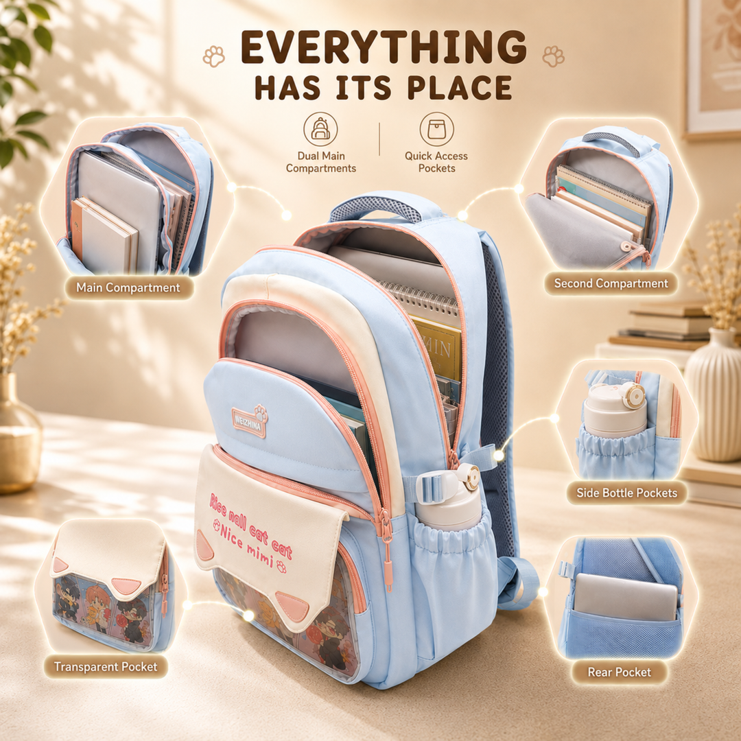 Mimi Meow School Backpack, Cute Cat Water-Resistant Student Backpack with Front Pocket, Lightweight Large Capacity School Bag with Side Bottle Pockets for School & Travel