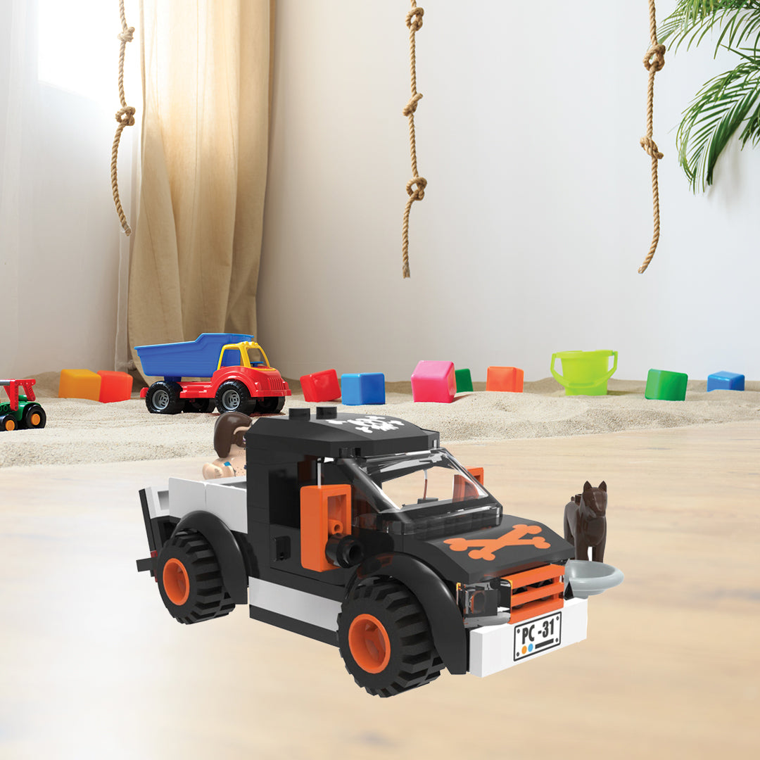 Playtive Pickup Building Set – 77-Piece Off-Roader Brick Toy with Movable Tailgate, Mini-Figure & Dog – Compatible with All Standard Building Bricks – Creative Construction Play Set for Kids Ages 5+ – TÜV & GS Certified – Engineered by Playtive CLIPPYS