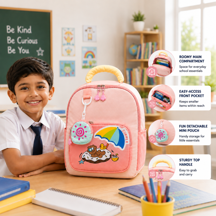Summer Bear School Backpack for Daily Use, Spacious Multi-Compartment School Bag with Front Zipper Pocket, 2 Side Bottle Pockets, Top Handle, Lightweight Design & Stylish Bear Print
