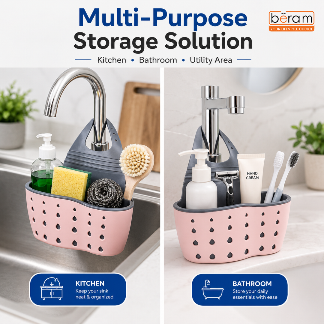 BERAM Kitchen Sink Organizer Sponge Holder Storage Basket Soap Sponge Drain Rack Holder for Sponges Soaps and Cleaning Brushes Sink Accessories